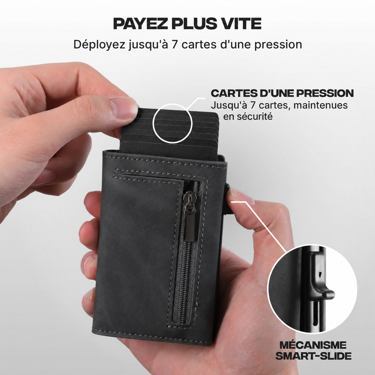 Portefeuille Prime gris anthracite présentant jusqu'à sept cartes