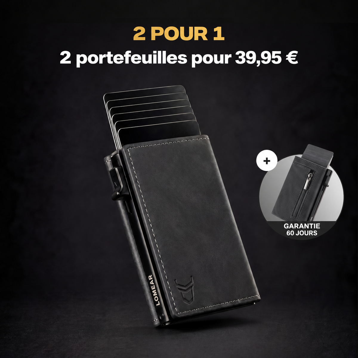 Portefeuille Prime gris anthracite avec porte-cartes déployé et second portefeuille inclus