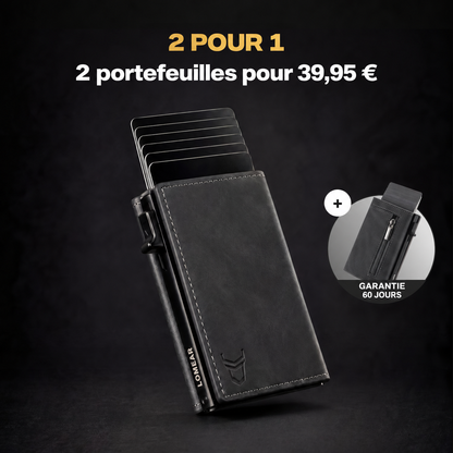 Portefeuille Prime gris anthracite avec porte-cartes déployé et second portefeuille inclus