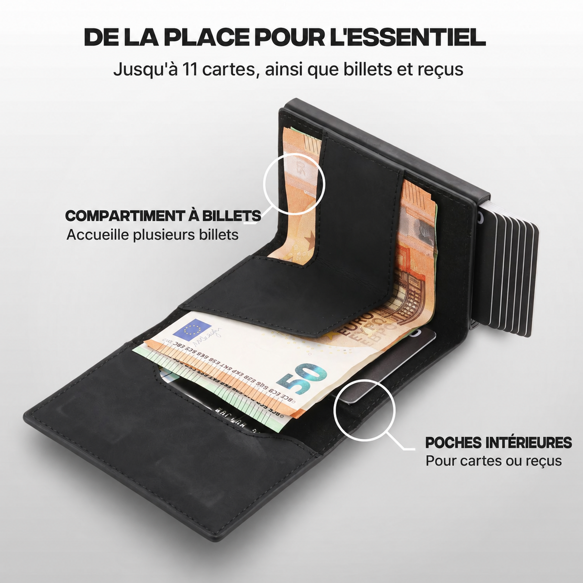Portefeuille Prime noir ouvert avec cartes et billets