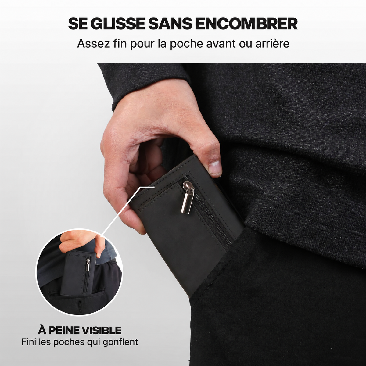Portefeuille Prime noir glissé dans une poche de pantalon