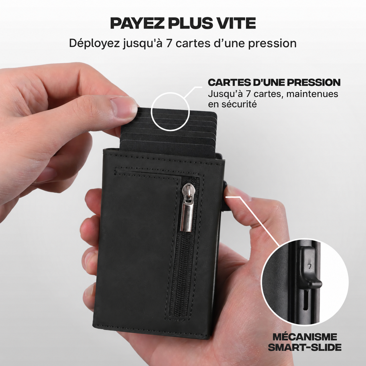 Portefeuille Prime noir présentant jusqu'à sept cartes