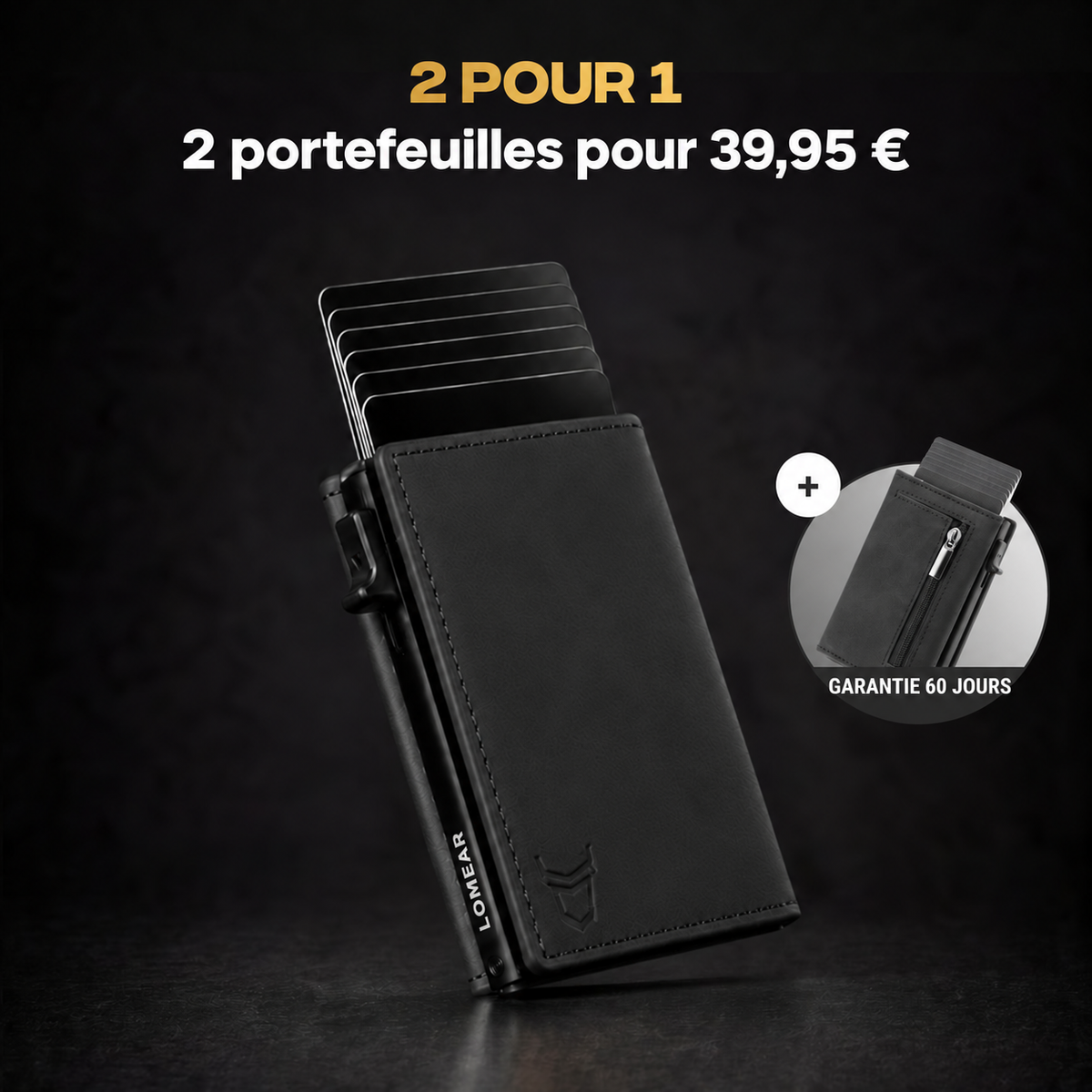 Portefeuille Prime noir avec porte-cartes déployé et second portefeuille inclus