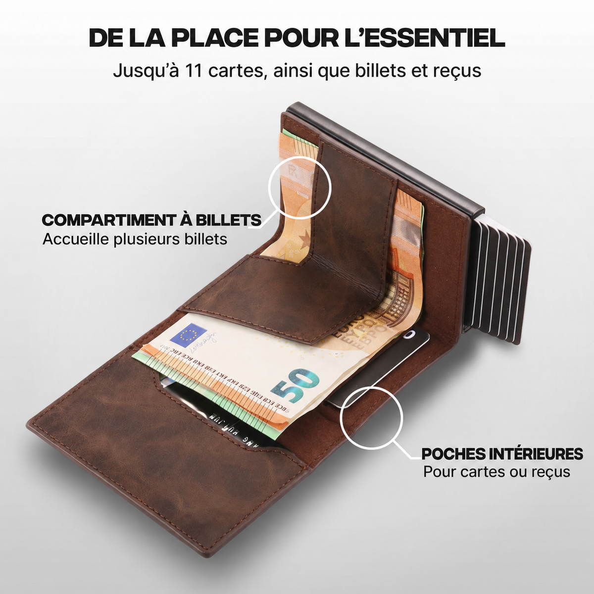 Portefeuille Prime marron café ouvert avec cartes et billets