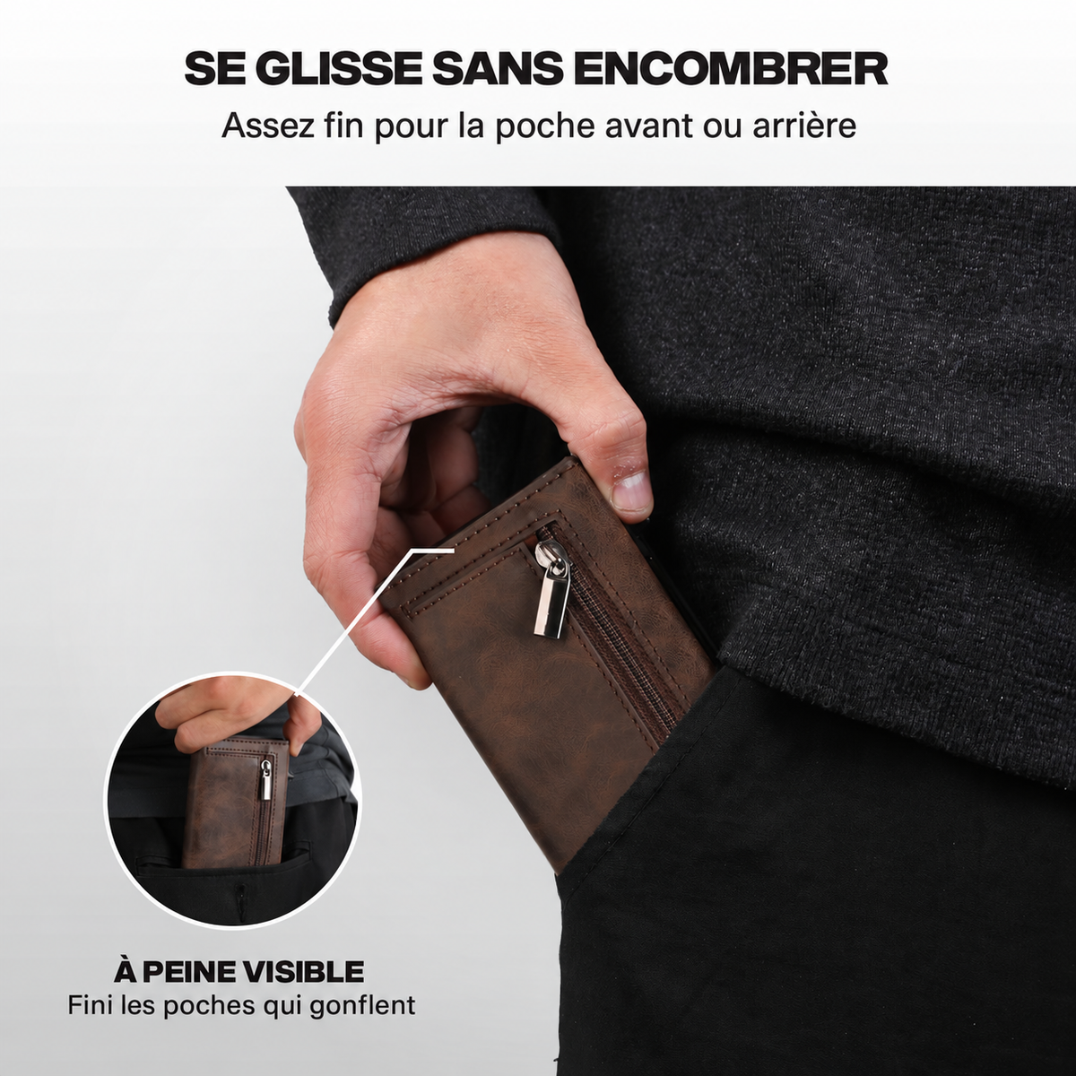 Portefeuille Prime marron café glissé dans une poche de pantalon