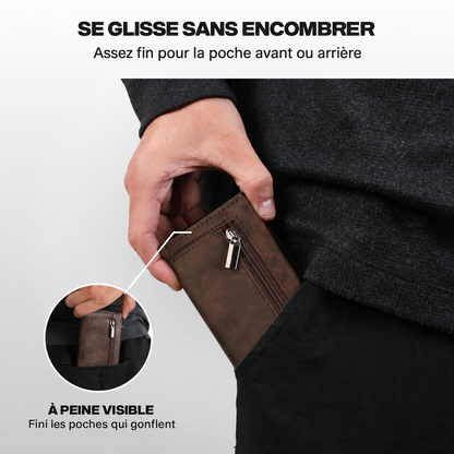 Portefeuille Prime marron café glissé dans une poche de pantalon