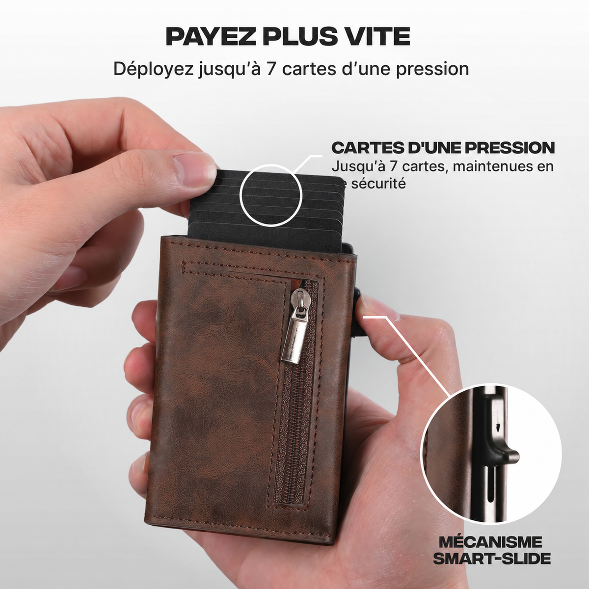 Portefeuille Prime marron café présentant jusqu'à sept cartes