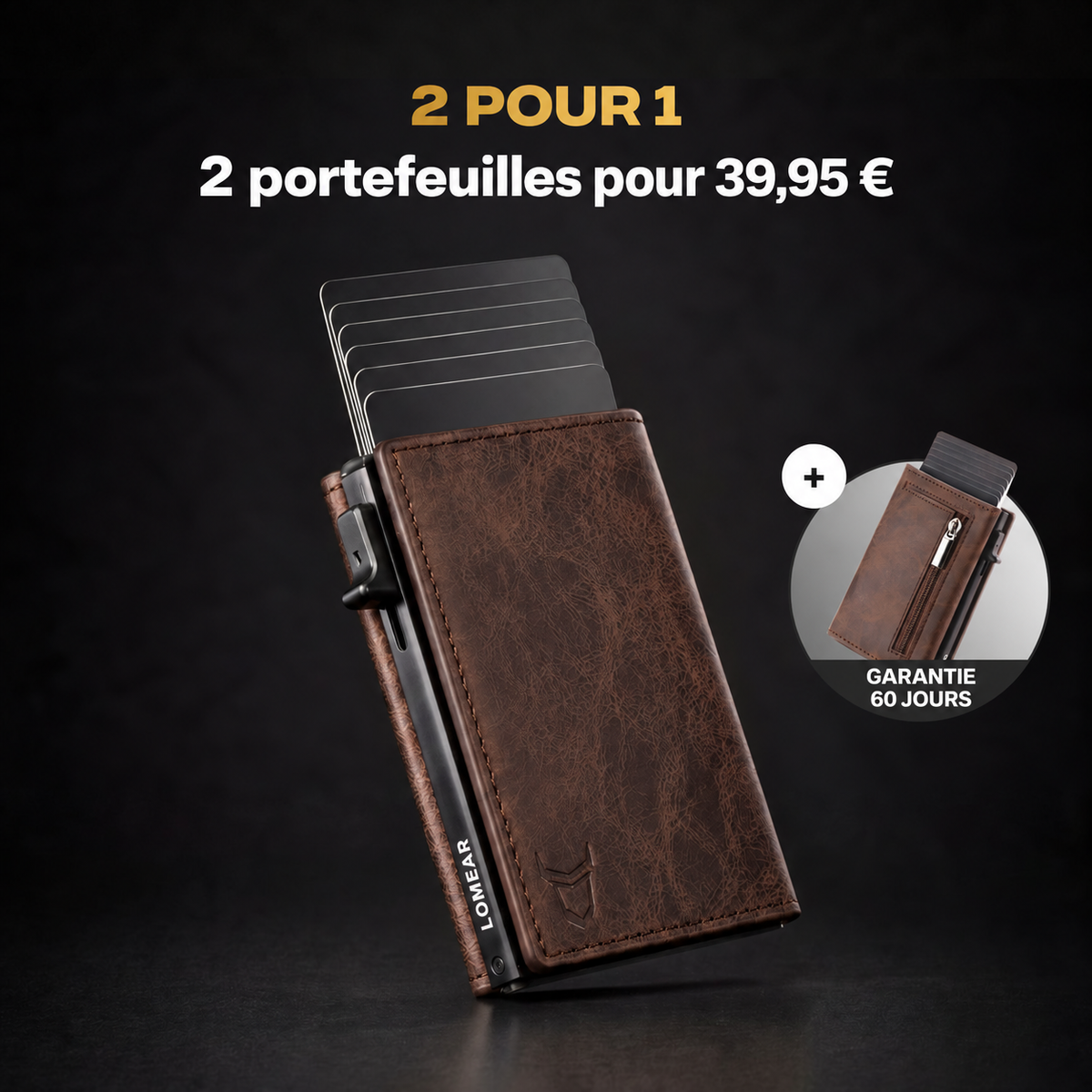 Portefeuille Prime marron café avec porte-cartes déployé et second portefeuille inclus