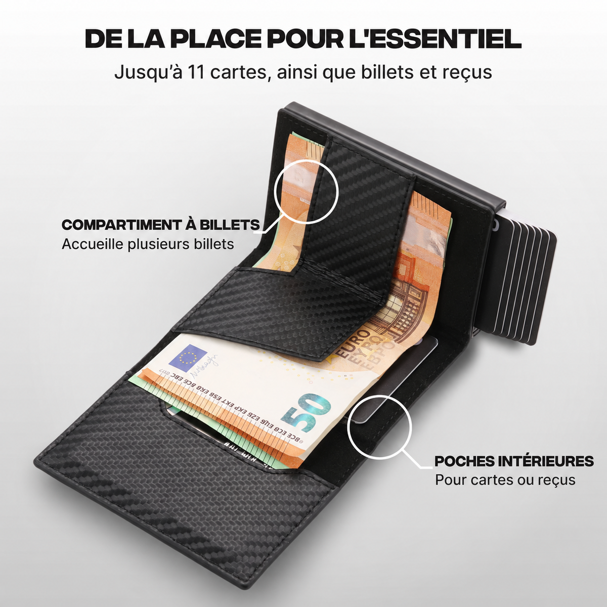 Portefeuille Prime carbone ouvert avec cartes et billets