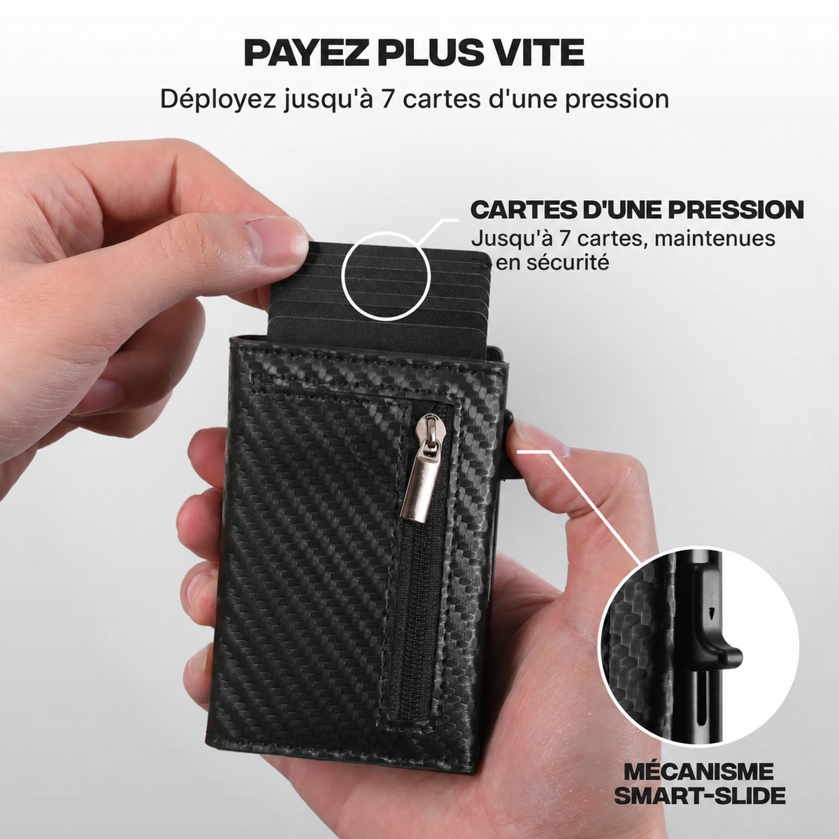 Portefeuille Prime carbone présentant jusqu'à sept cartes