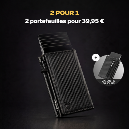 Portefeuille Prime carbone avec porte-cartes déployé et second portefeuille inclus