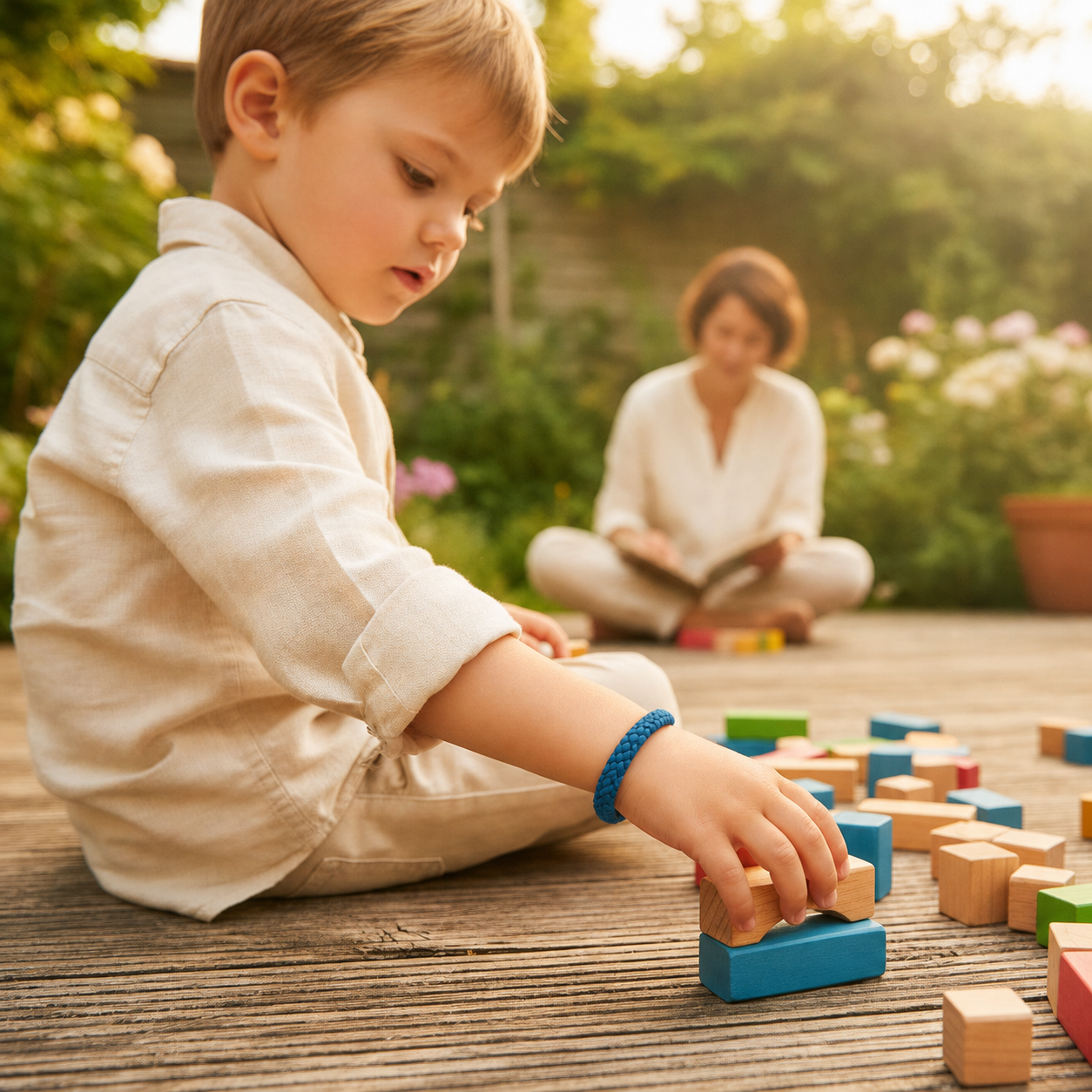 Enfant portant un bracelet MoustiZen dans un jardin avec un adulte