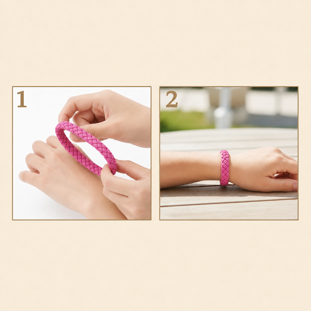 Deux étapes pour enfiler et porter le bracelet MoustiZen