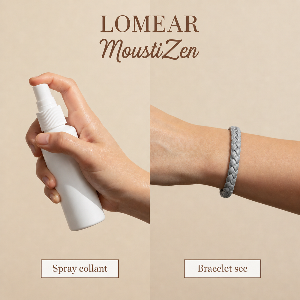 Comparaison entre un spray collant et un bracelet MoustiZen