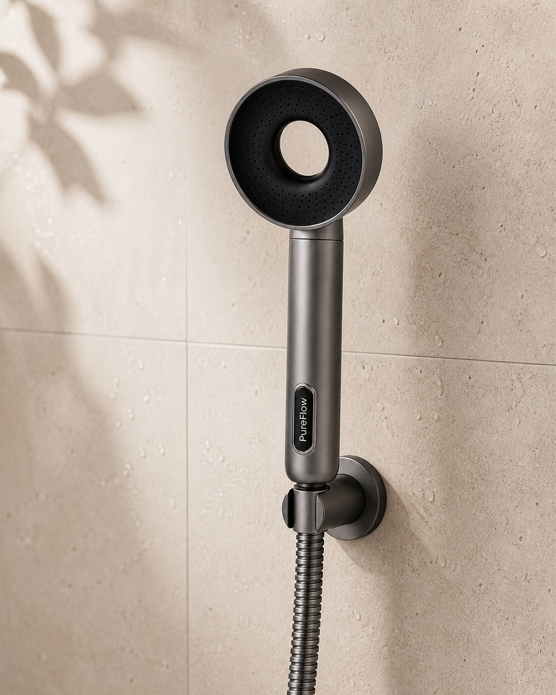 Pommeau PureFlow installé sur un flexible dans une douche en pierre claire