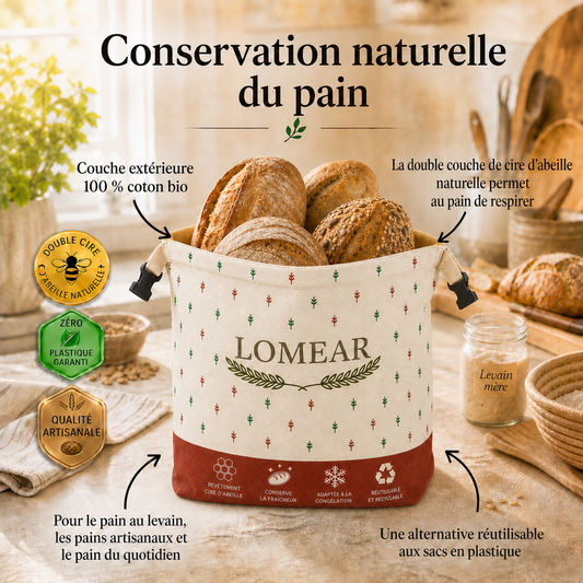 Sac à pain LOMEAR ouvert et rempli de pains artisanaux dans une cuisine lumineuse