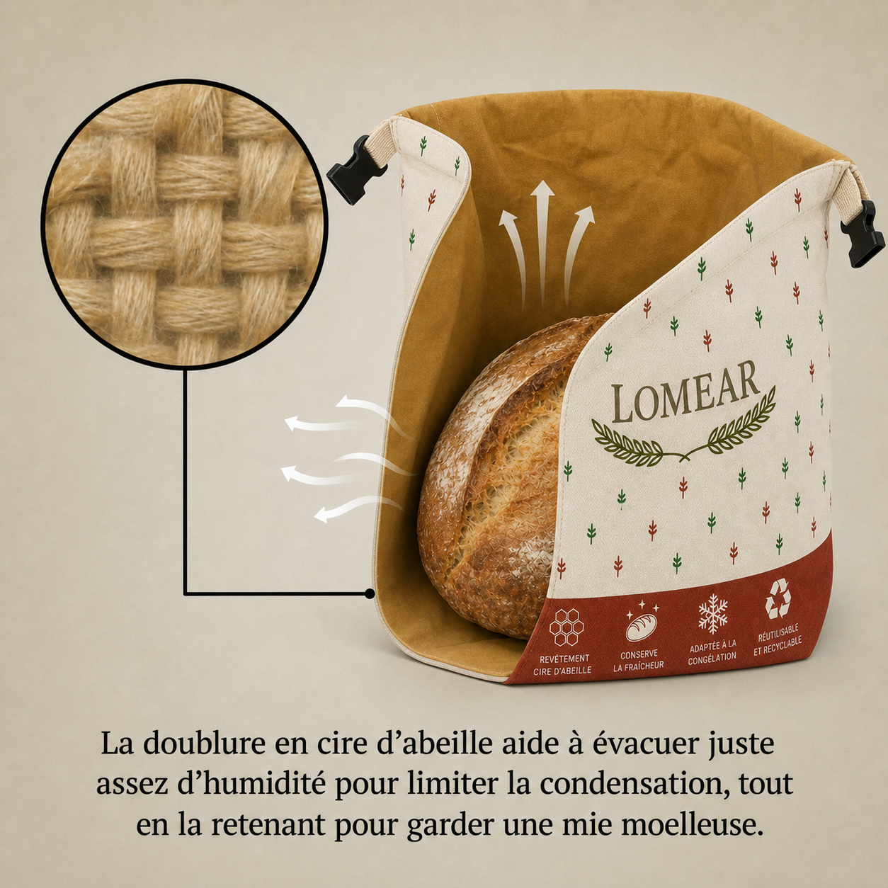 Coupe du sac montrant la doublure en cire d’abeille autour d’une miche