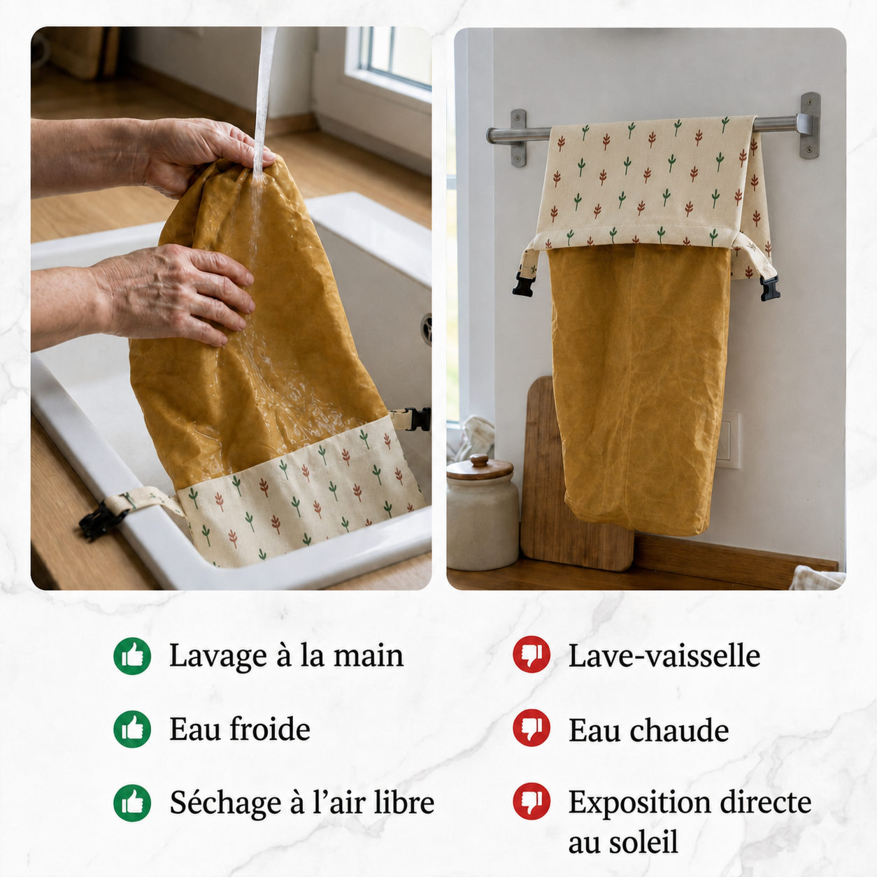Lavage à la main et séchage à l’air libre du sac à pain LOMEAR
