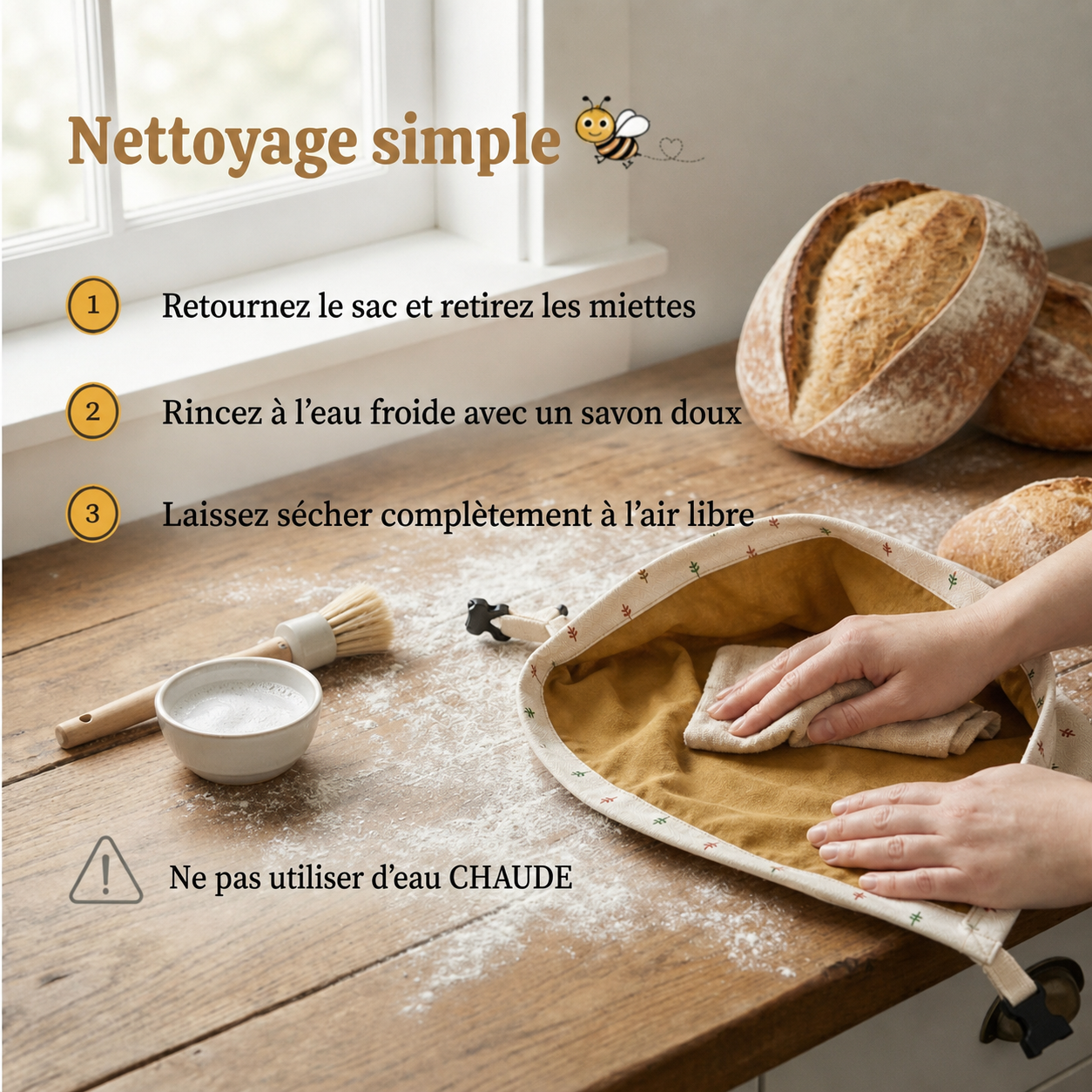 Trois étapes de nettoyage simple de la doublure du sac à pain
