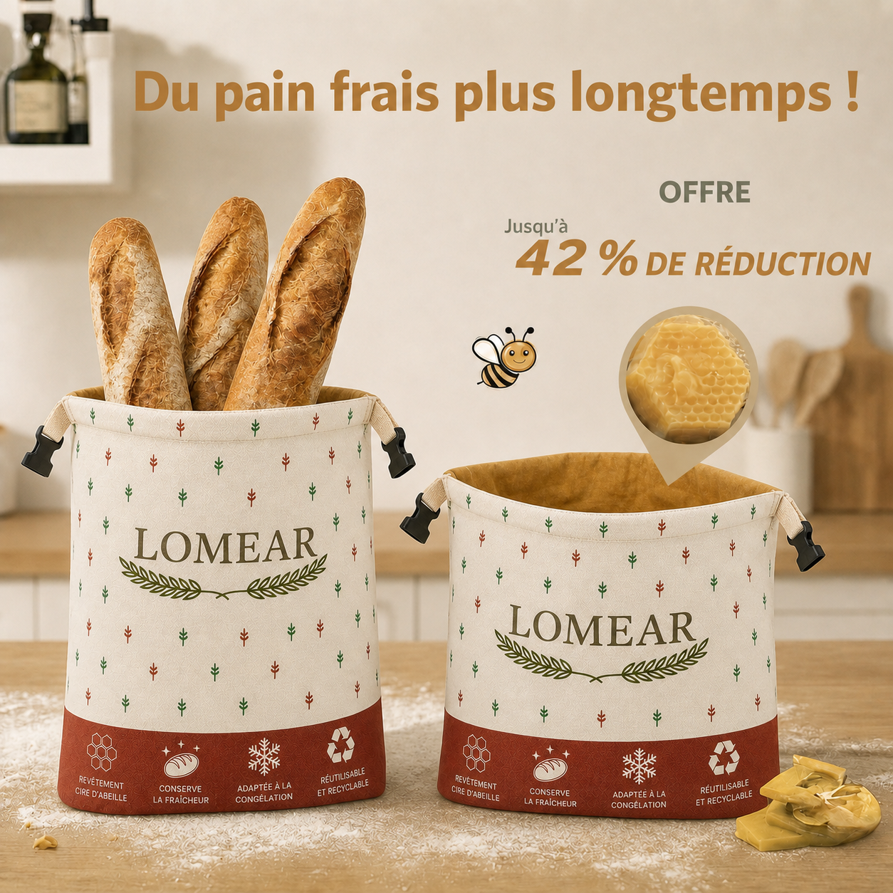 Deux sacs à pain LOMEAR ouverts avec baguettes et doublure en cire d’abeille