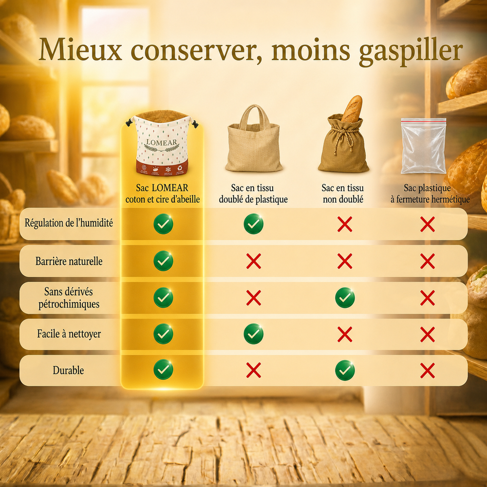 Comparatif entre le sac LOMEAR et trois solutions de conservation du pain