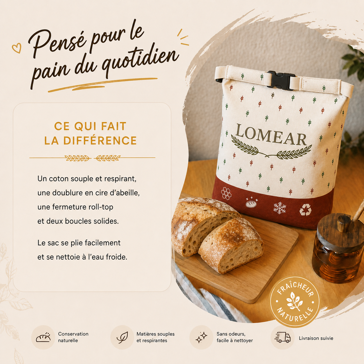 Sac LOMEAR fermé par sa boucle roll-top avec ses matières et détails clés