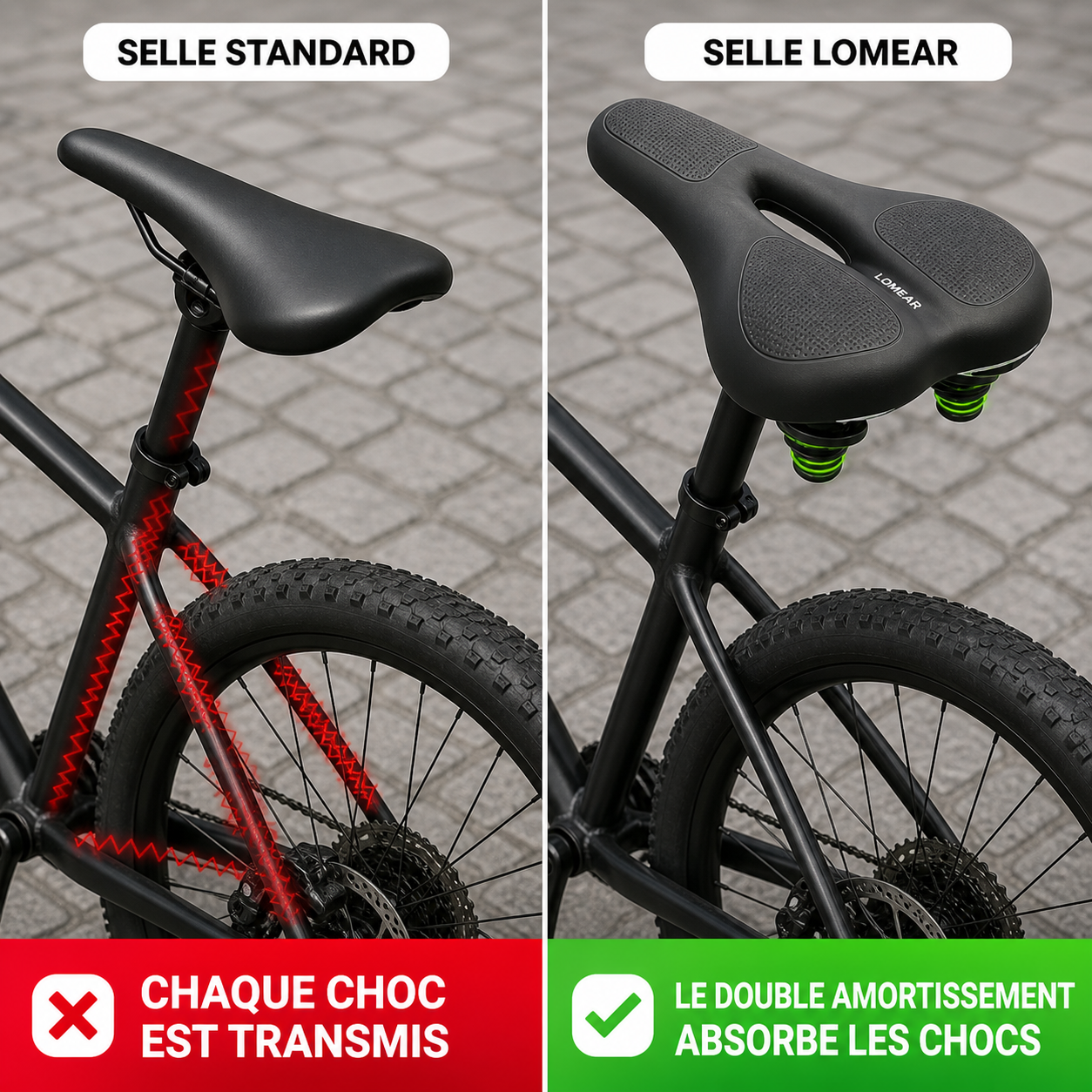 Comparaison de la selle avec sa double suspension mise en évidence