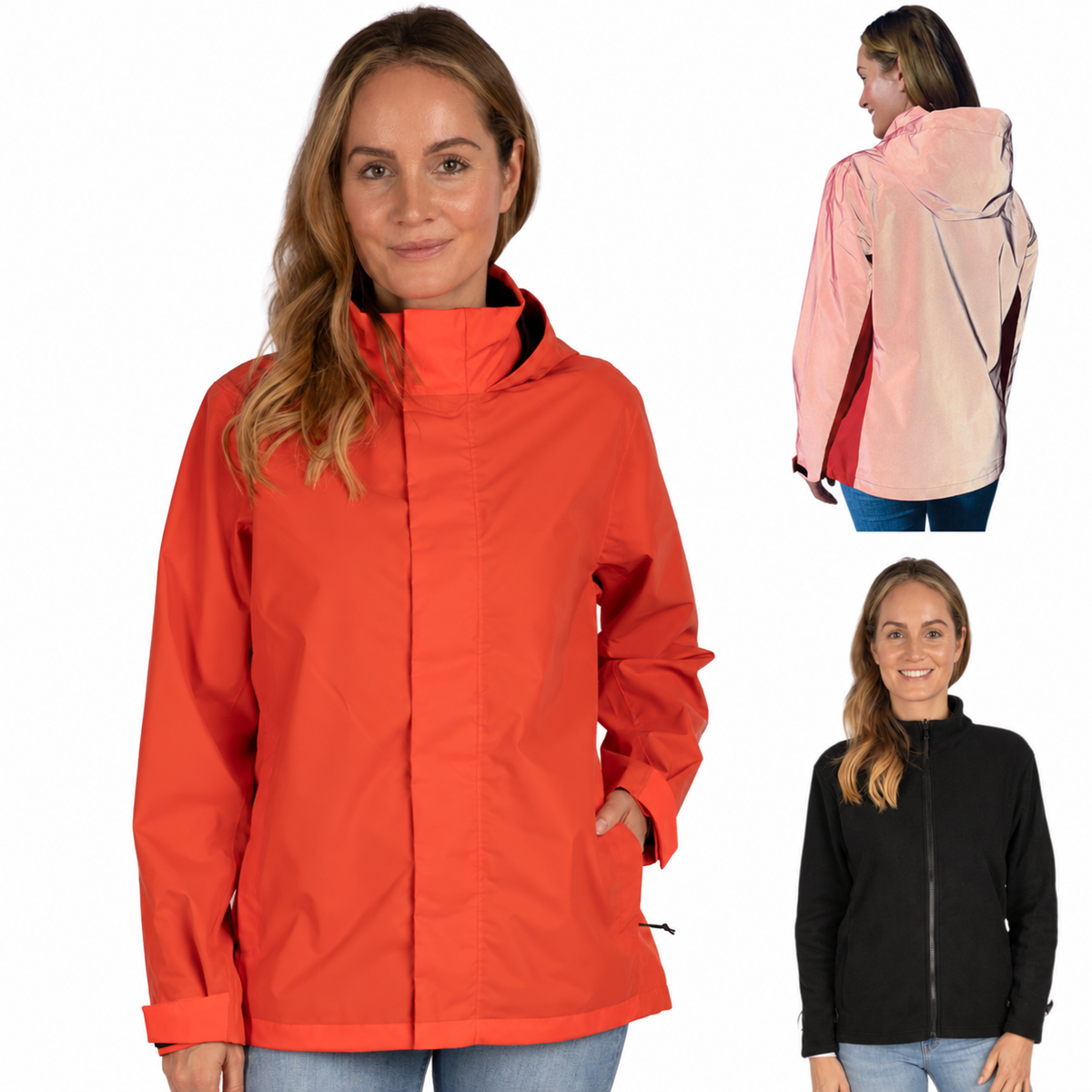Veste rouge portée, avec vue de la matière réfléchissante et de la polaire amovible