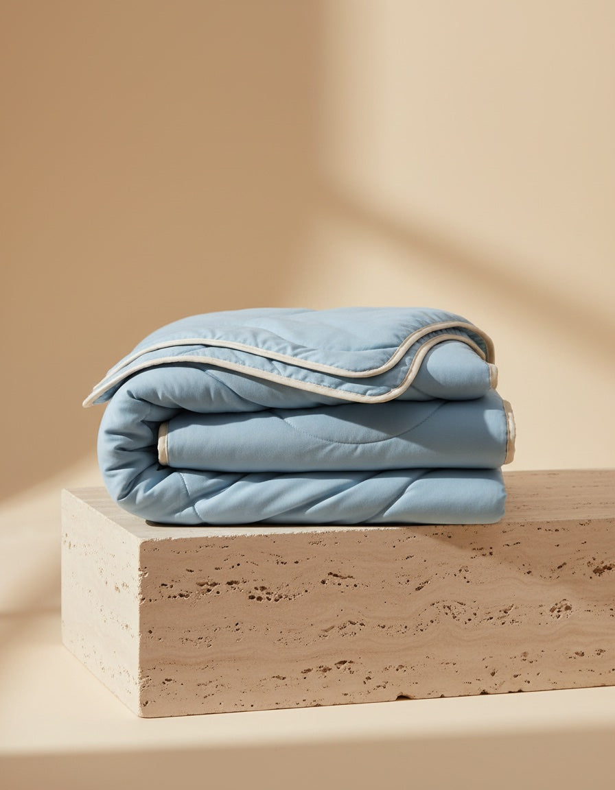 Couette AÉRA bleu glacier pliée