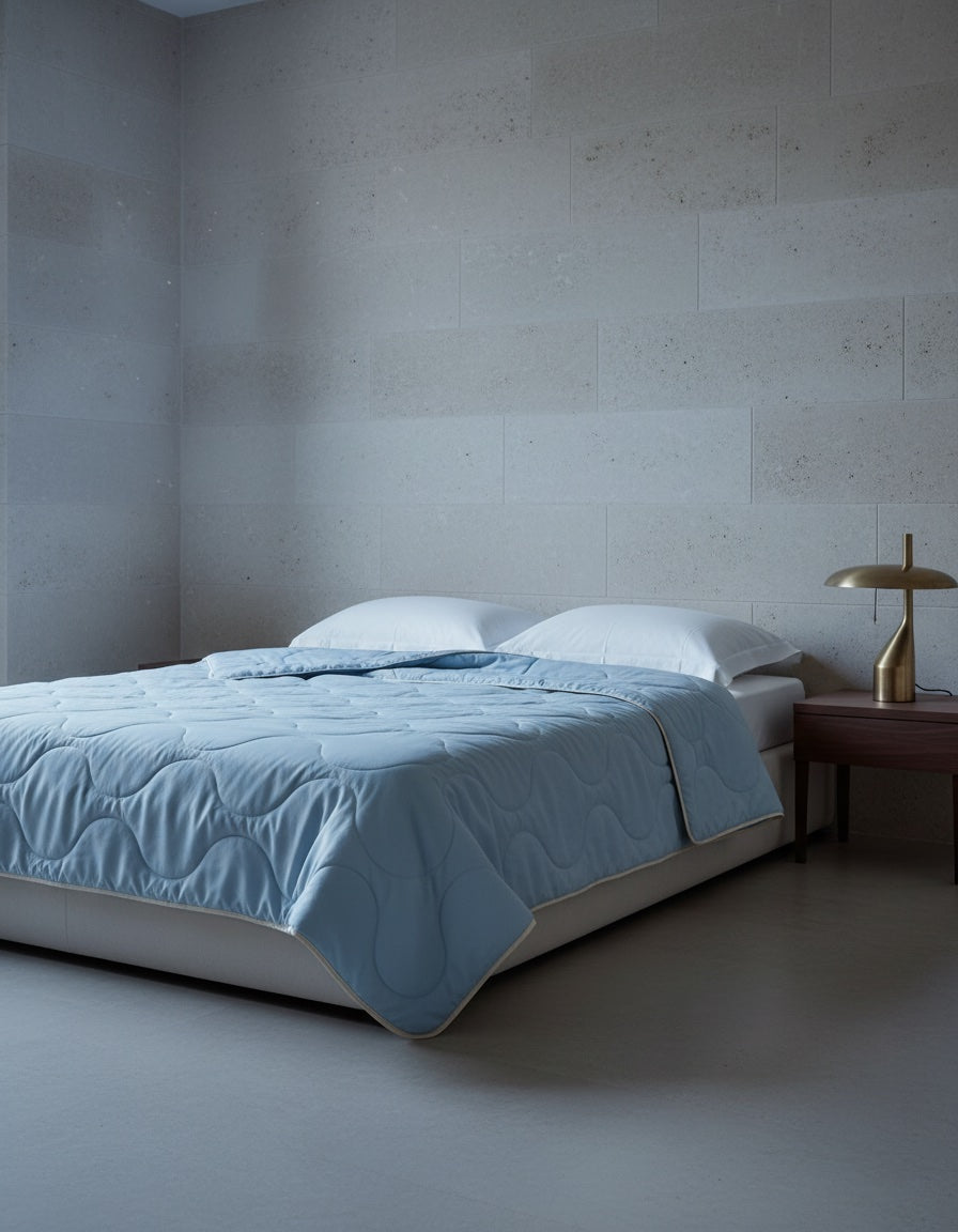 Couette AÉRA bleu glacier dans une chambre minérale